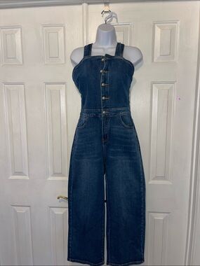 Wide-Leg Blue Denim Women's Overalls with Adjustable Straps
